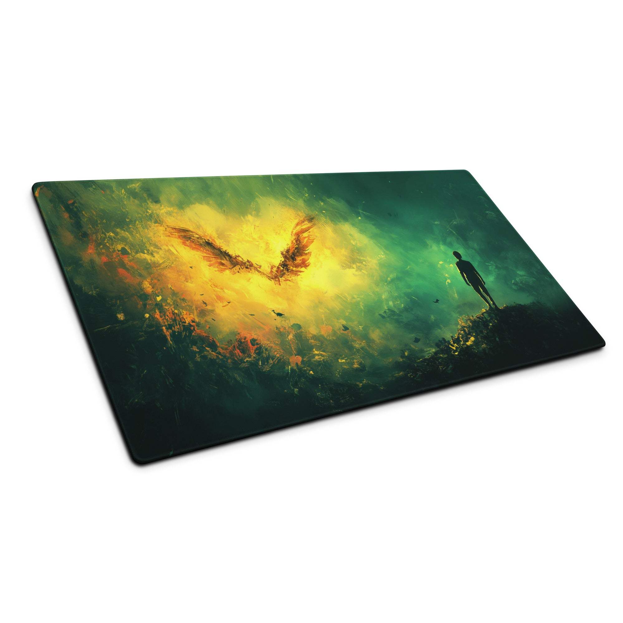 Epic Fantasy Winged Phoenix gaming mouse pad with fiery wings on green background