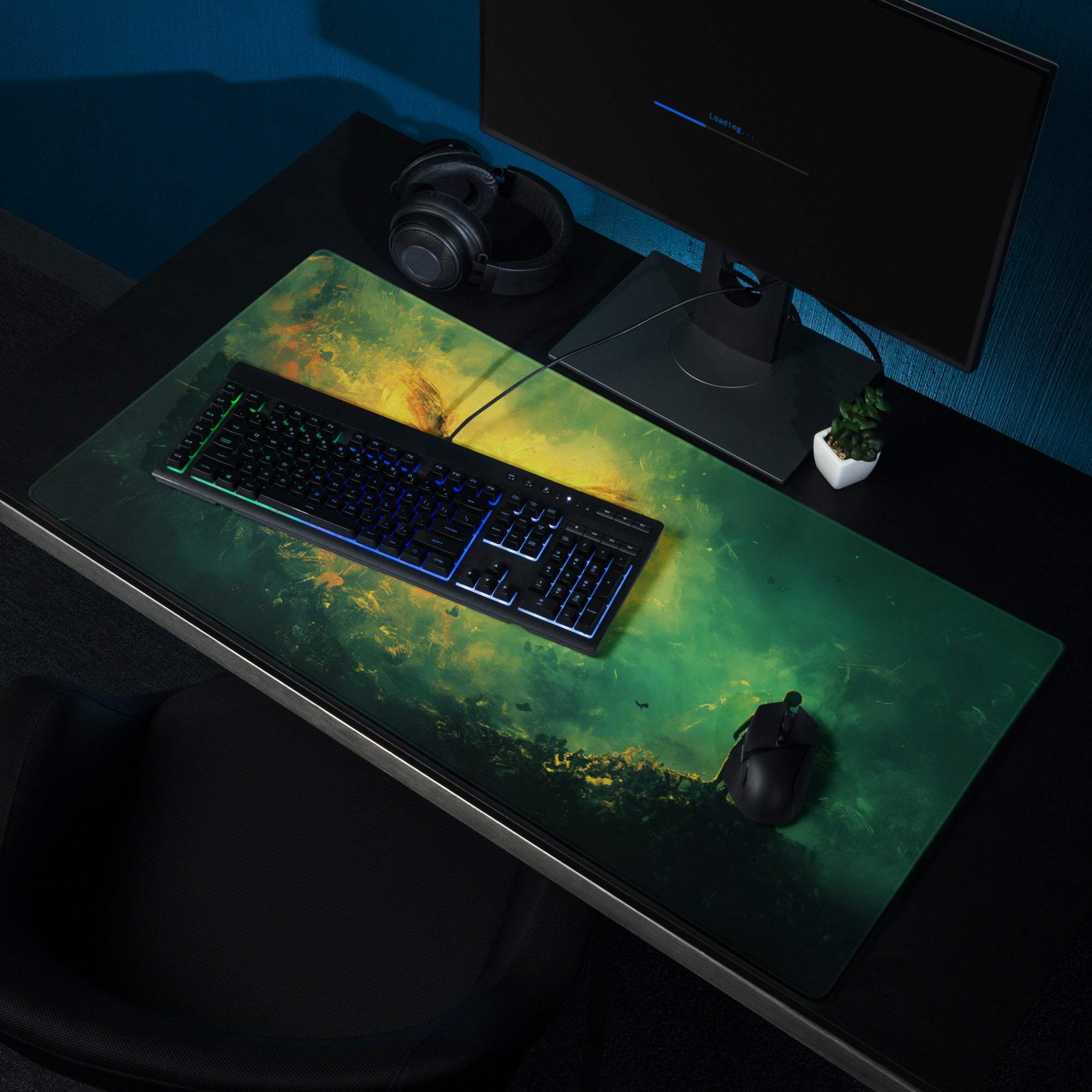 Epic fantasy winged phoenix over cliff in vibrant green golden glow mousepad