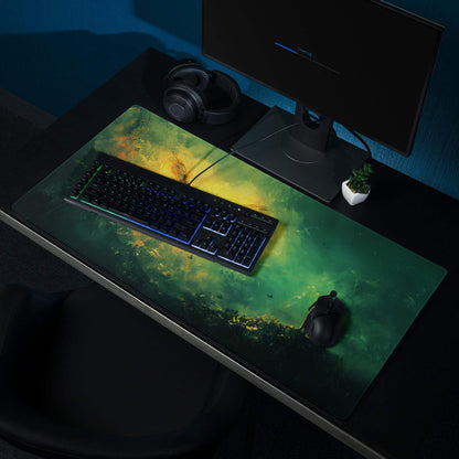 Epic fantasy winged phoenix over cliff in vibrant green golden glow mousepad