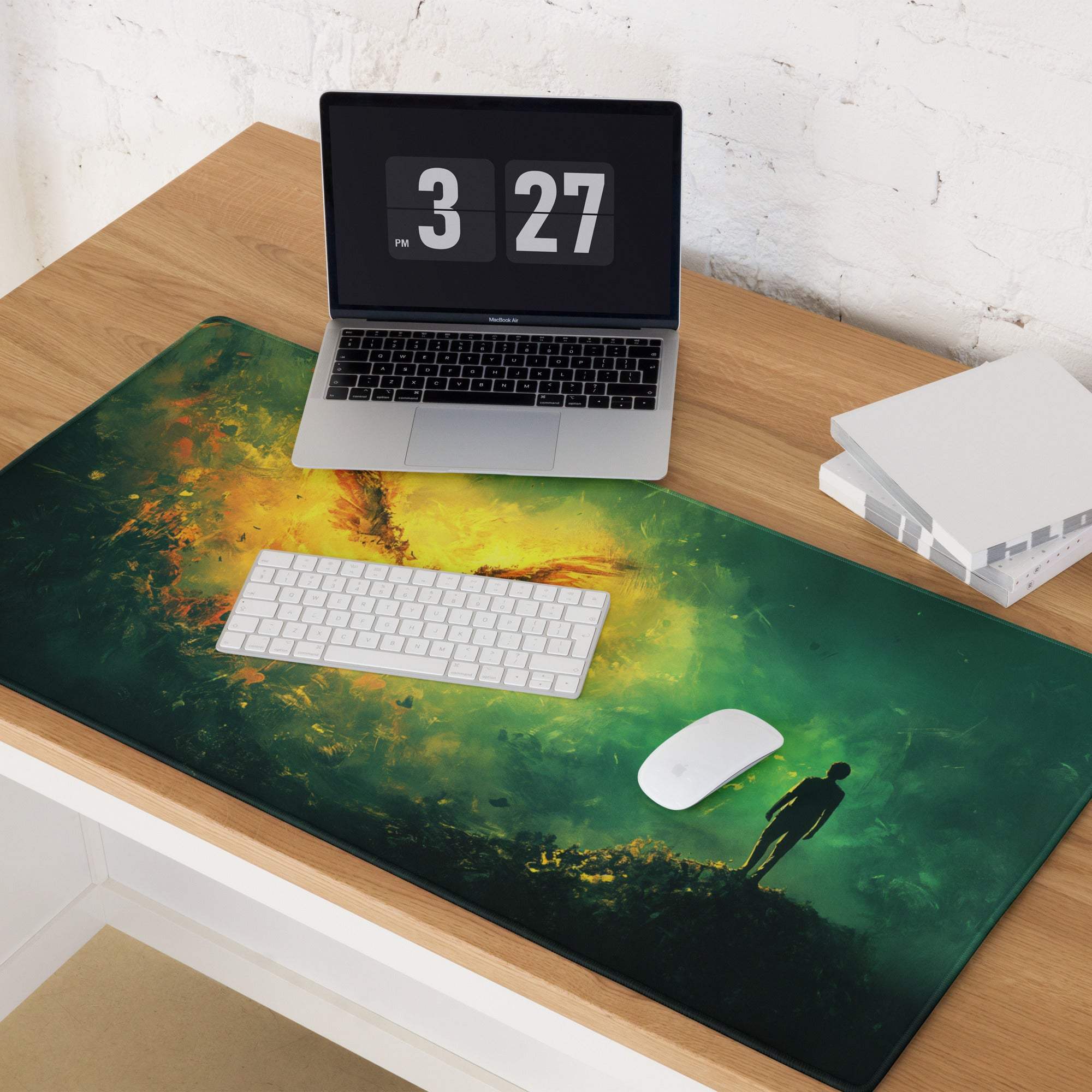 Epic fantasy winged phoenix gaming mouse pad in green yellow abstract art