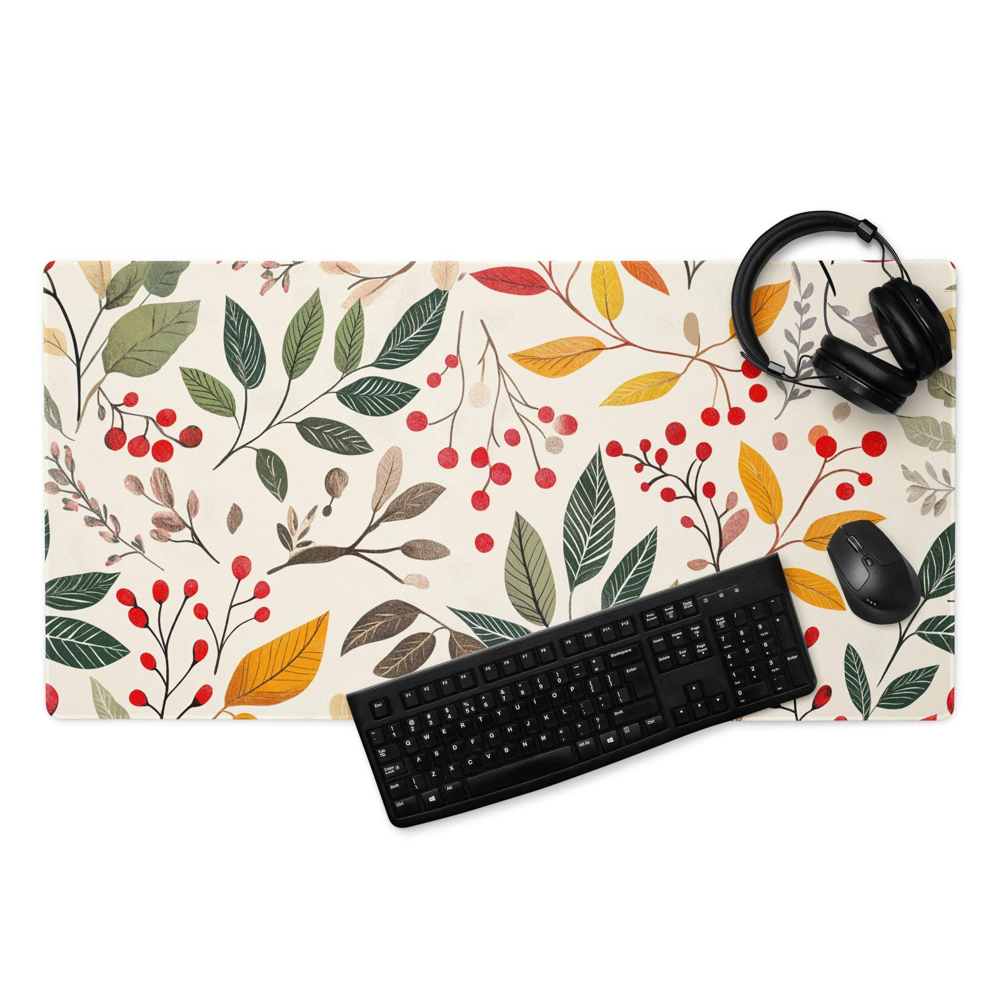 Botanical autumn floral gaming mouse pad with leaves berries cream background
