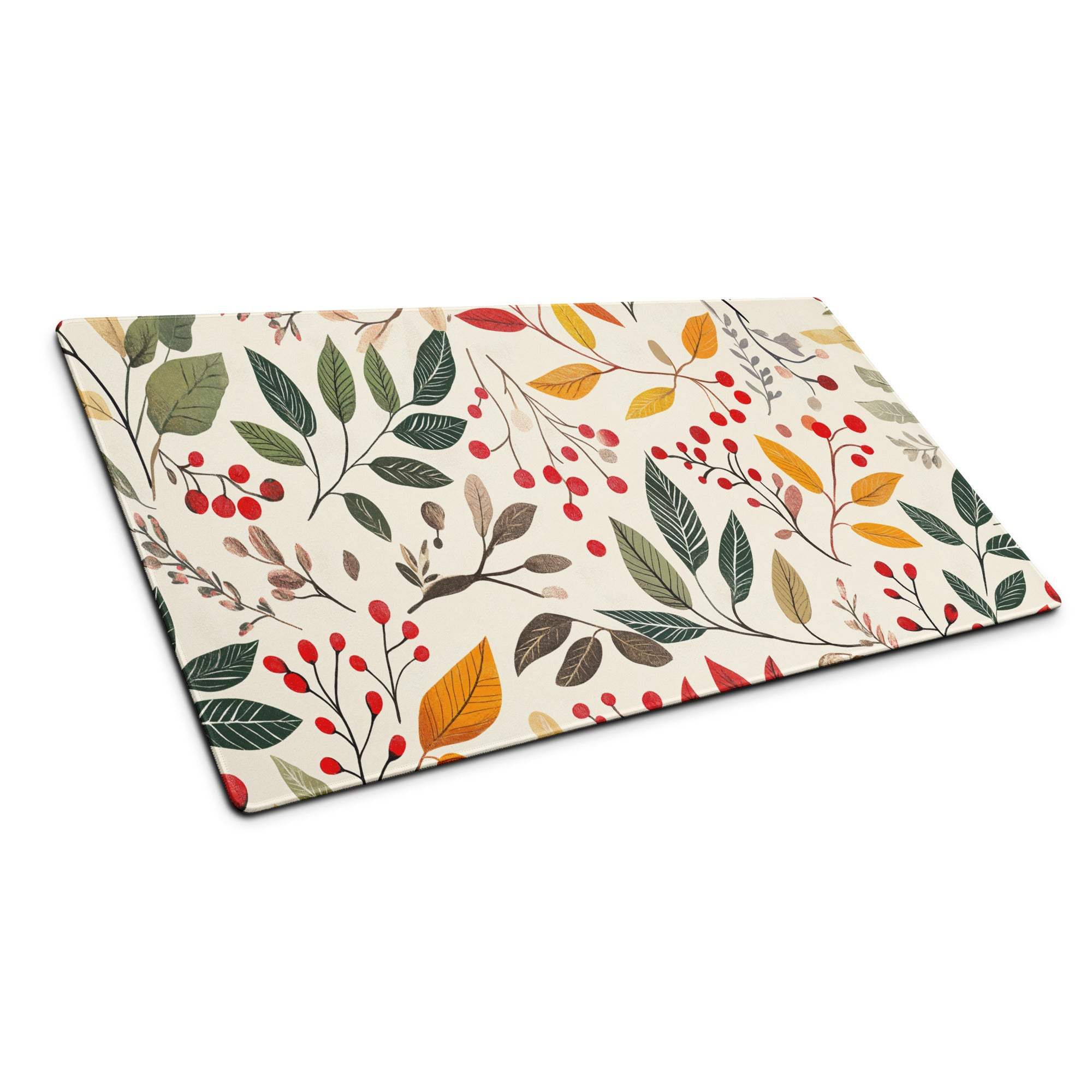 Large botanical autumn floral gaming mouse pad with green leaf pattern