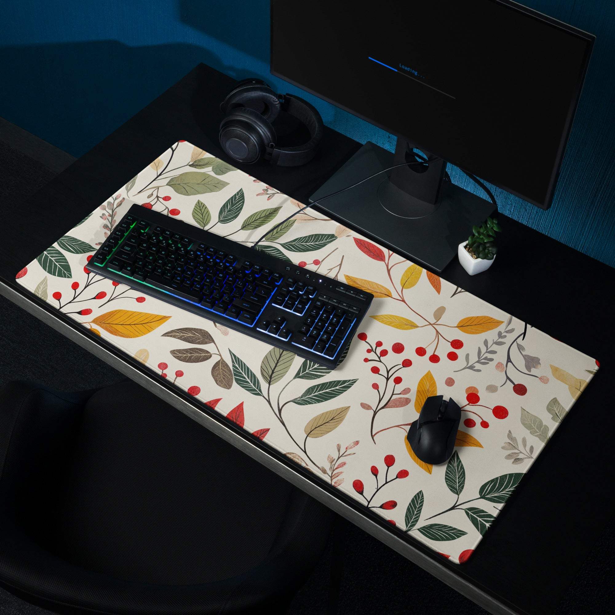 Botanical autumn floral gaming mouse pad with vibrant leaf pattern
