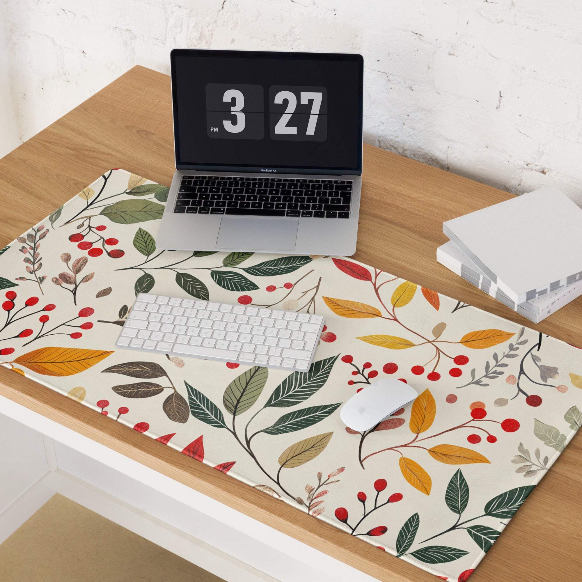 Large botanical autumn floral gaming mouse pad with red berries, cream background