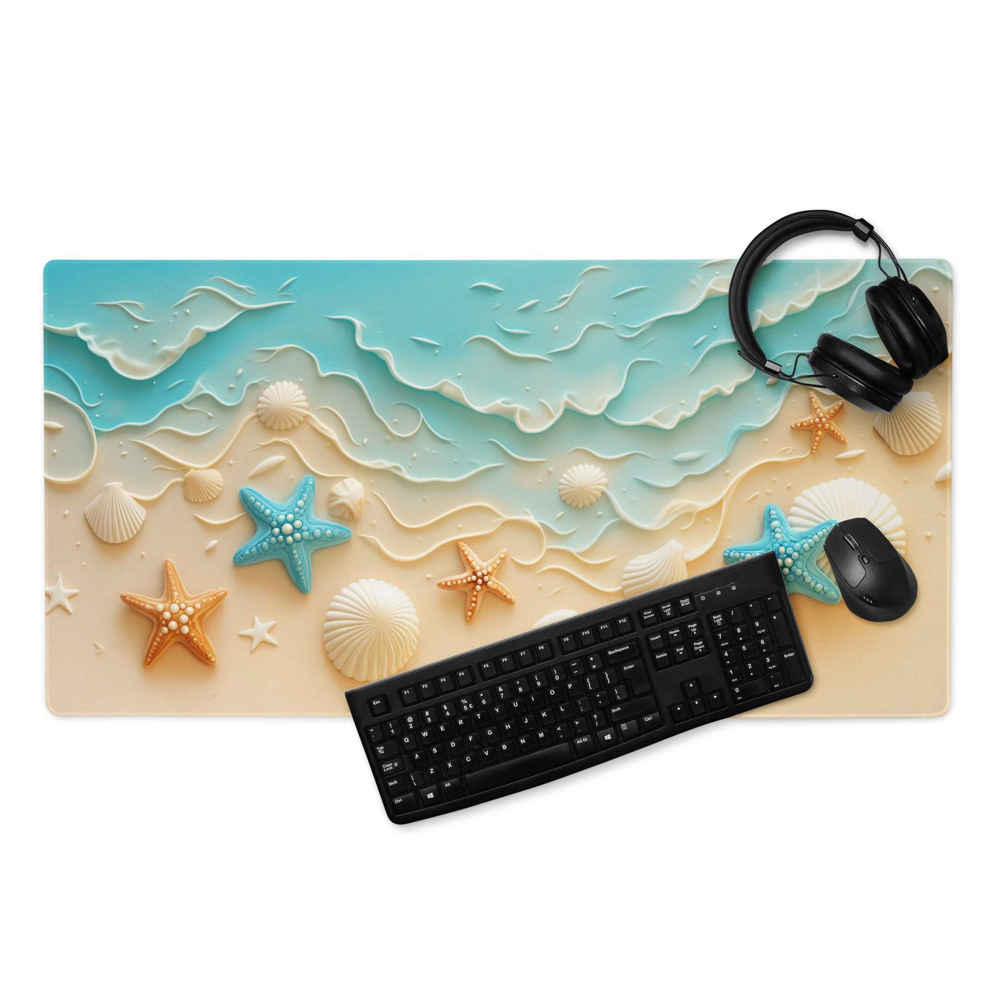 Bright turquoise beach ocean gaming mouse pad with wave texture, starfish, shells