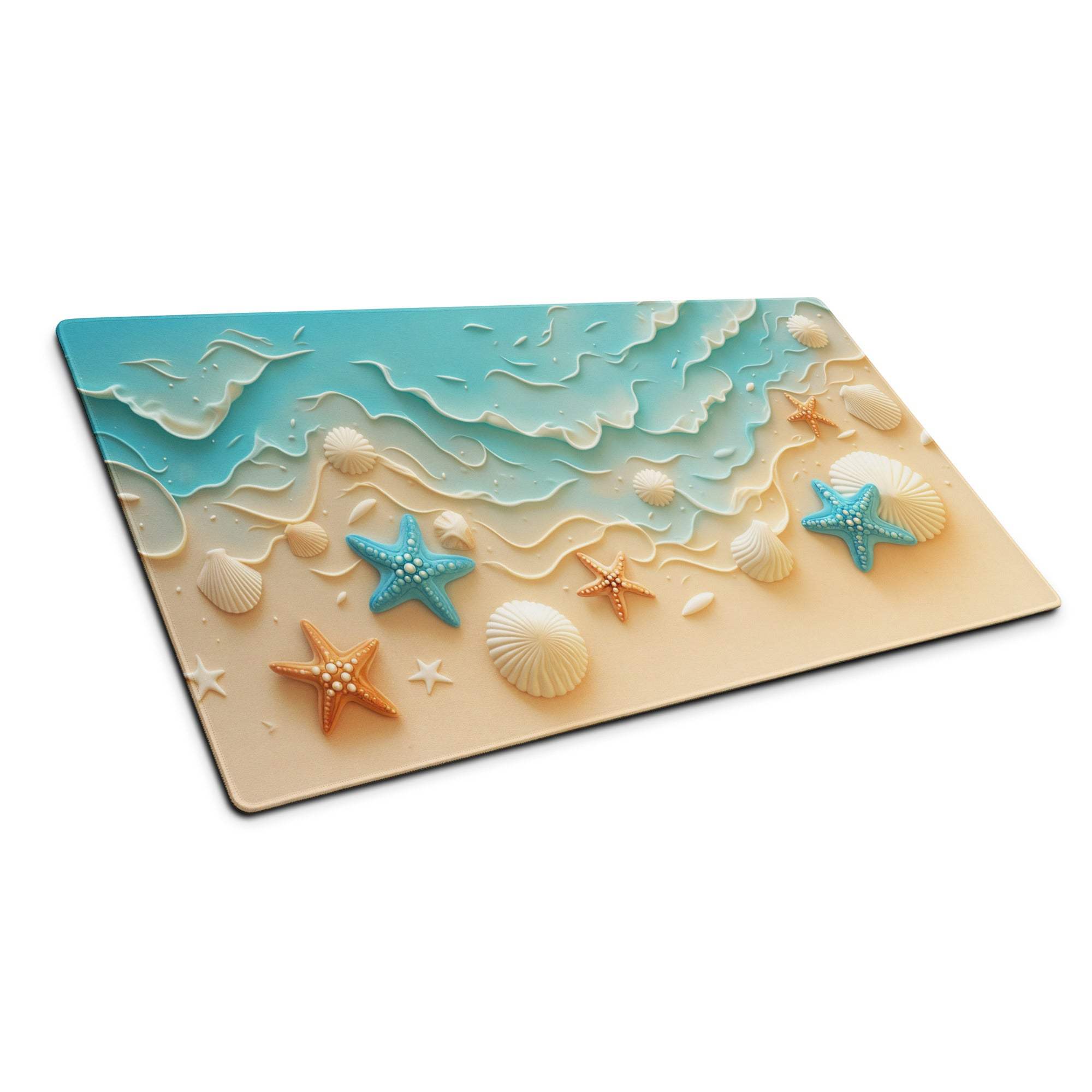 Bright turquoise beach ocean gaming mouse pad with 3D starfish shells