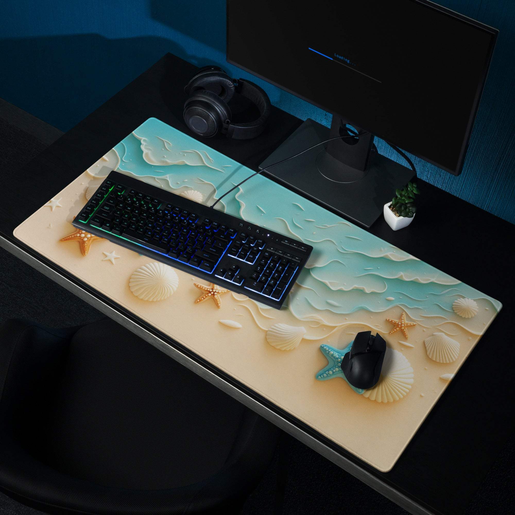 Bright turquoise beach ocean gaming mouse pad with wave texture, starfish, shells, non-slip base