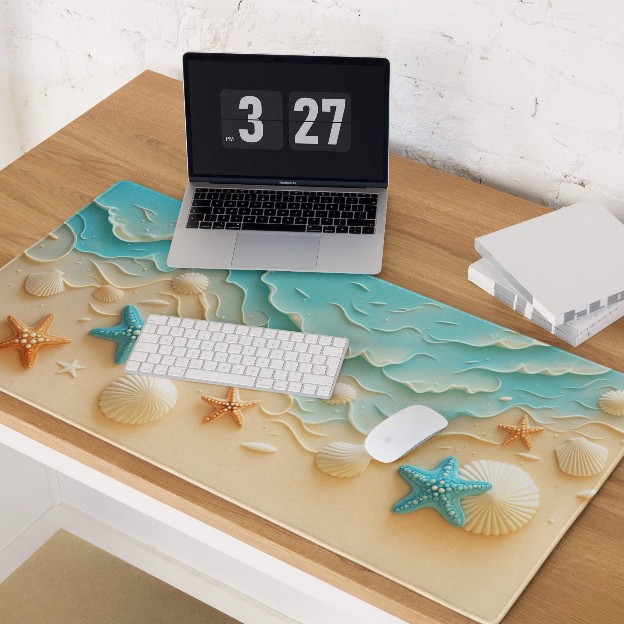 Beige teal ocean desk mat with raised starfish shells waves non-slip base