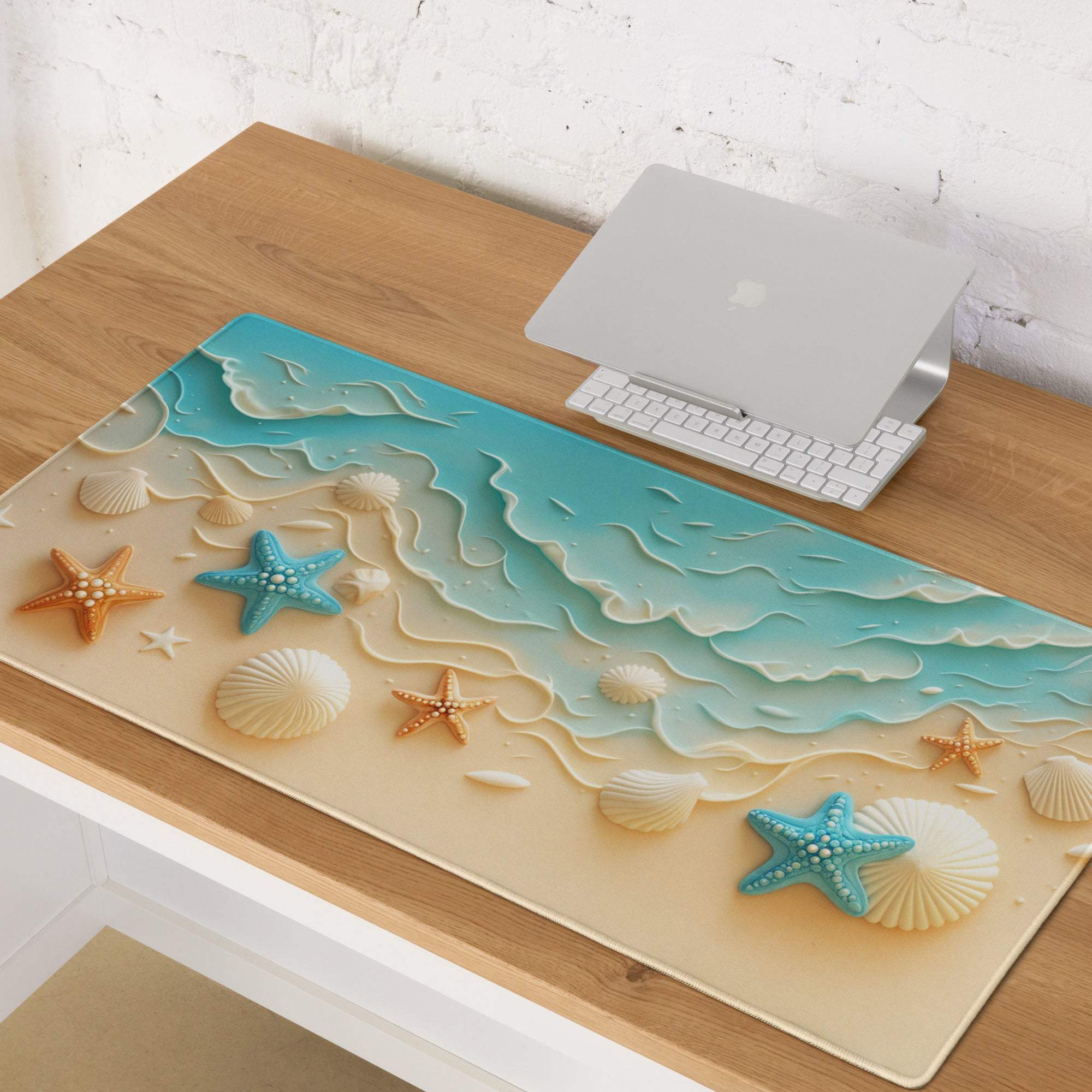 Bright turquoise beach ocean gaming mouse pad with wave texture, starfish, shells