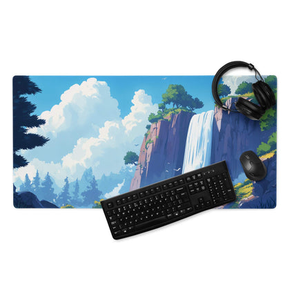 Anime landscape waterfall gaming mousepad with blue whites, black keyboard, headset