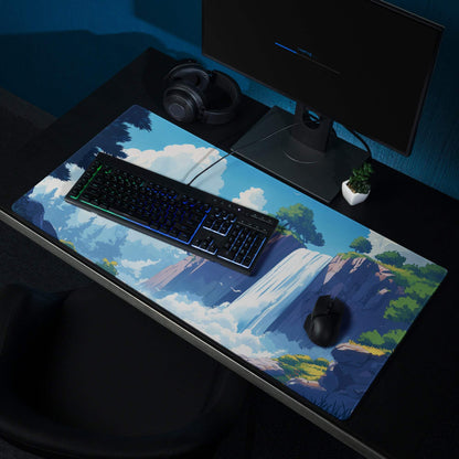 Blue white waterfall anime gaming mousepad with mountain landscape
