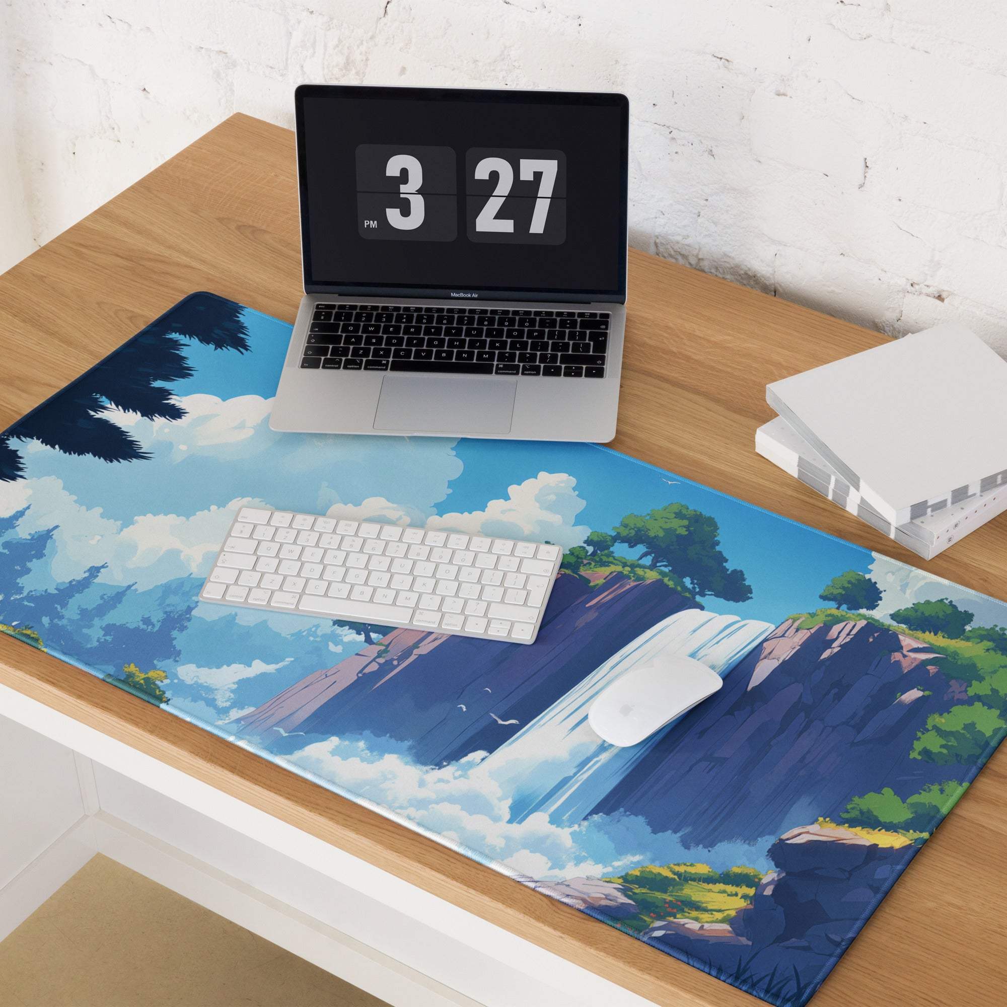 Blue and white illustrated waterfall anime gaming mouse pad for large desk