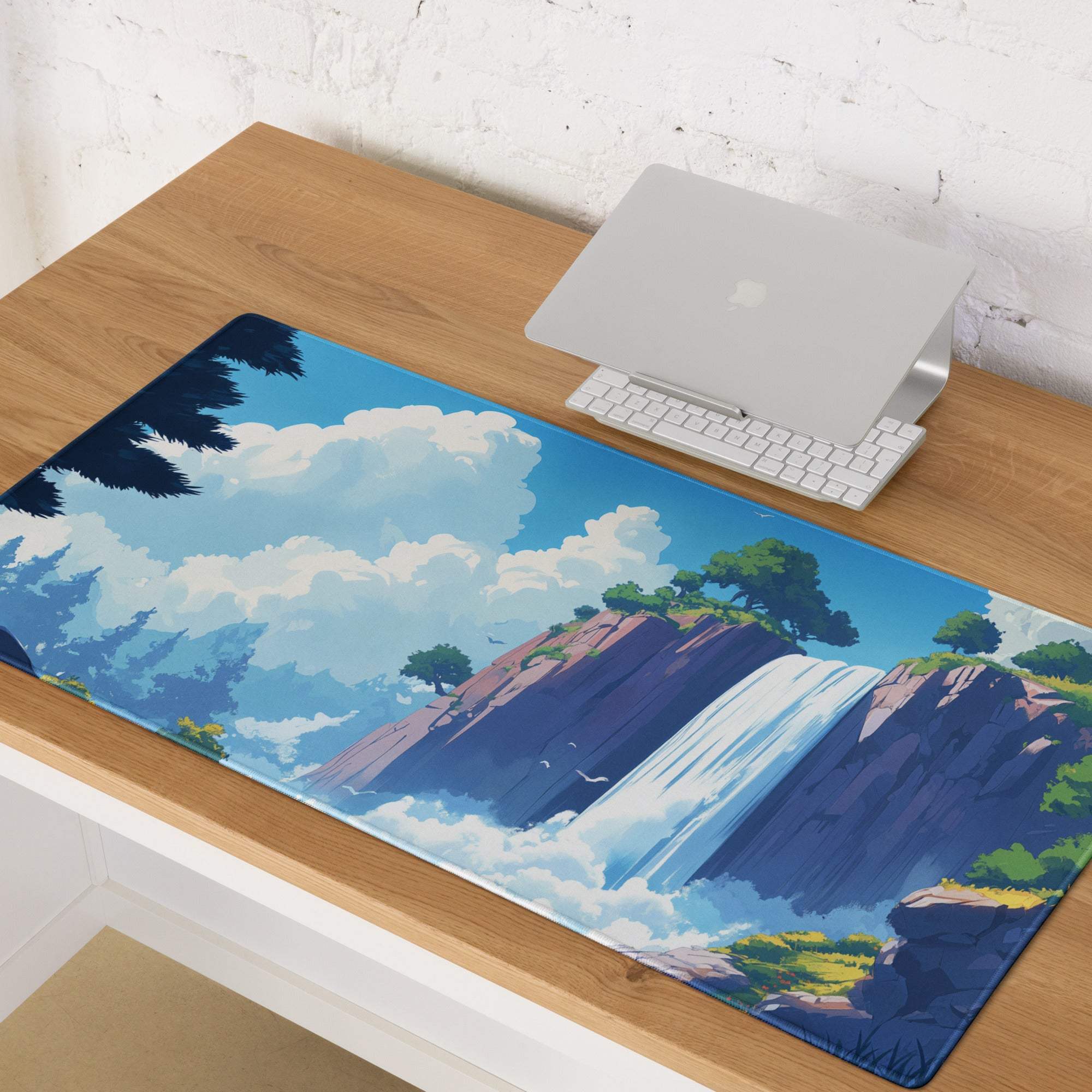 Blue anime waterfall desk mat with trees cliffs clouds vibrant blues greens