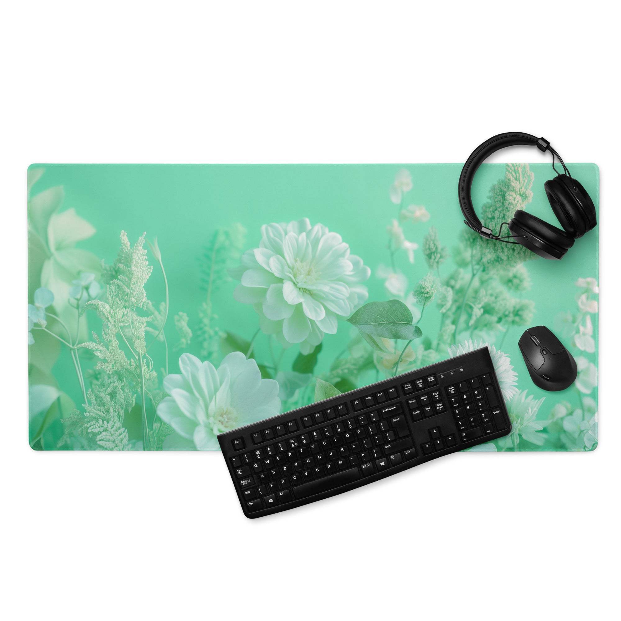 Floral green large gaming mouse pad with mint green floral design, non-slip base