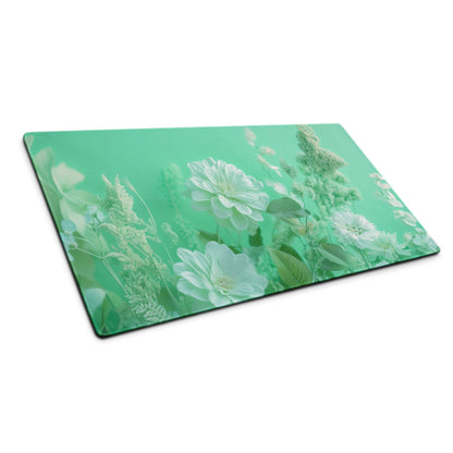Floral green large gaming mouse pad with delicate white blossoms on mint background