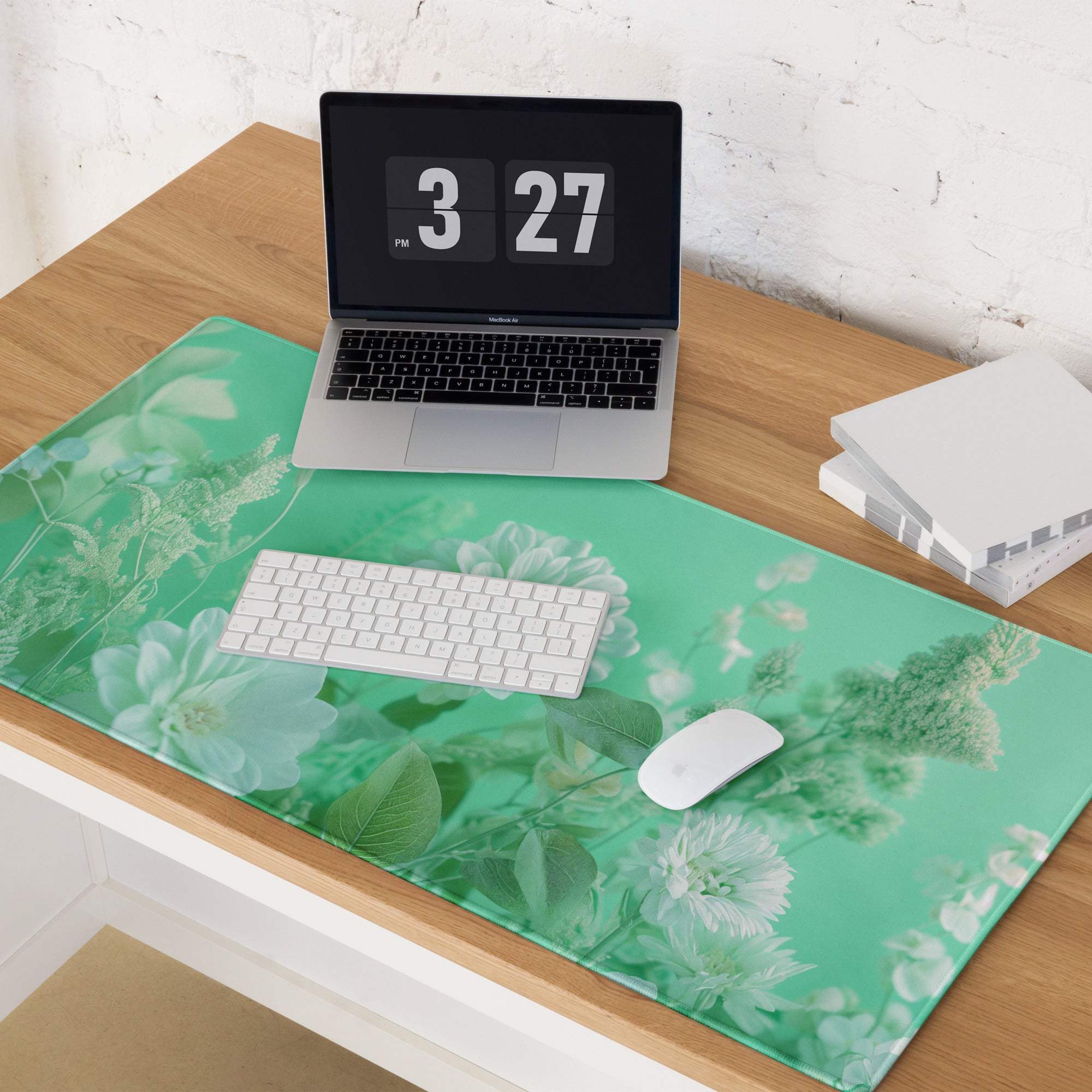 Mint green floral large gaming mouse pad with non-slip base and stitched edges