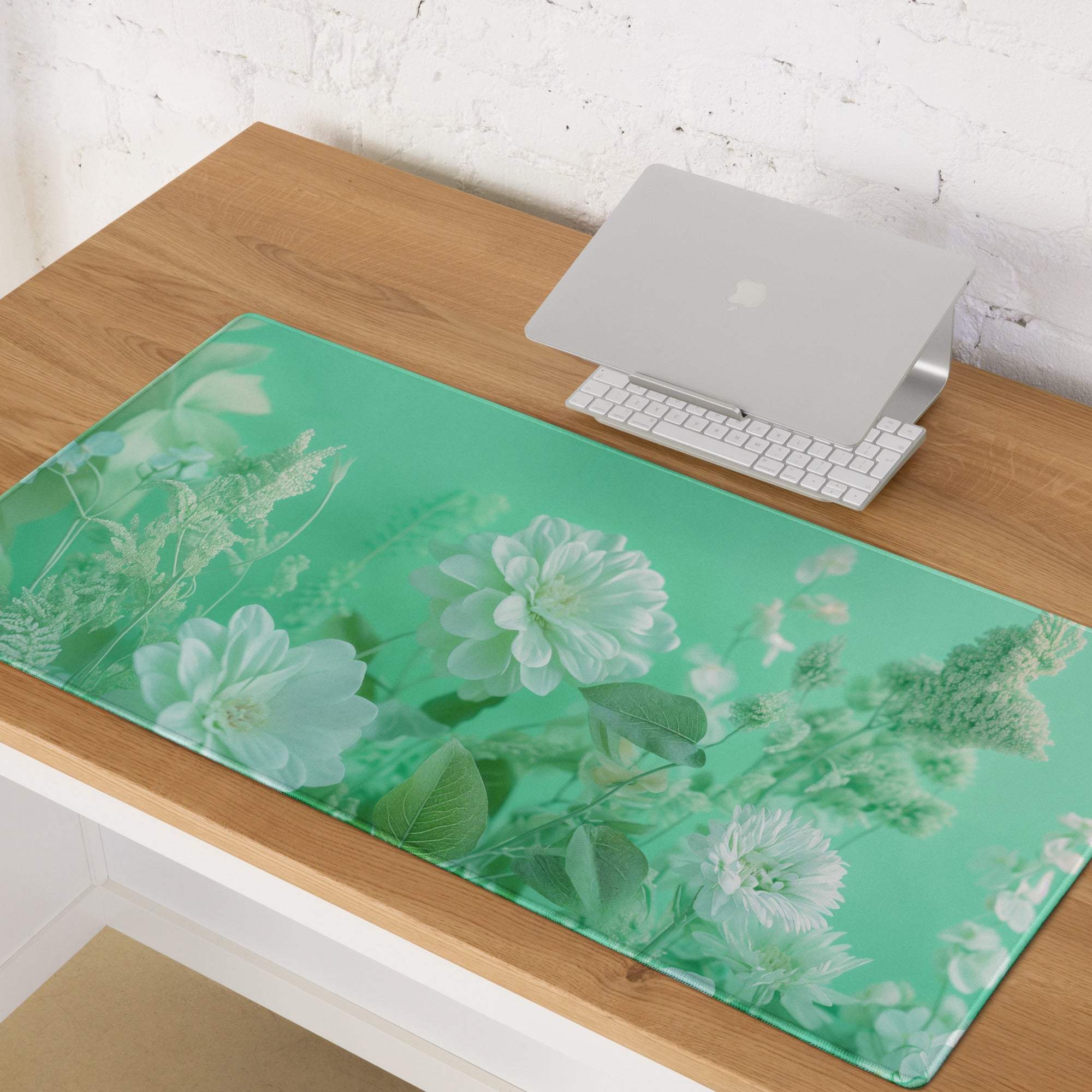 Floral green large gaming mouse pad with non-slip base and stitched edges