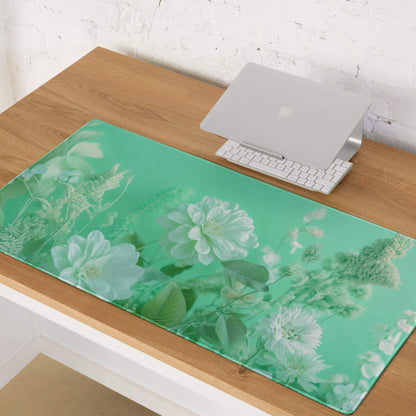 Floral green large gaming mouse pad with non-slip base and stitched edges
