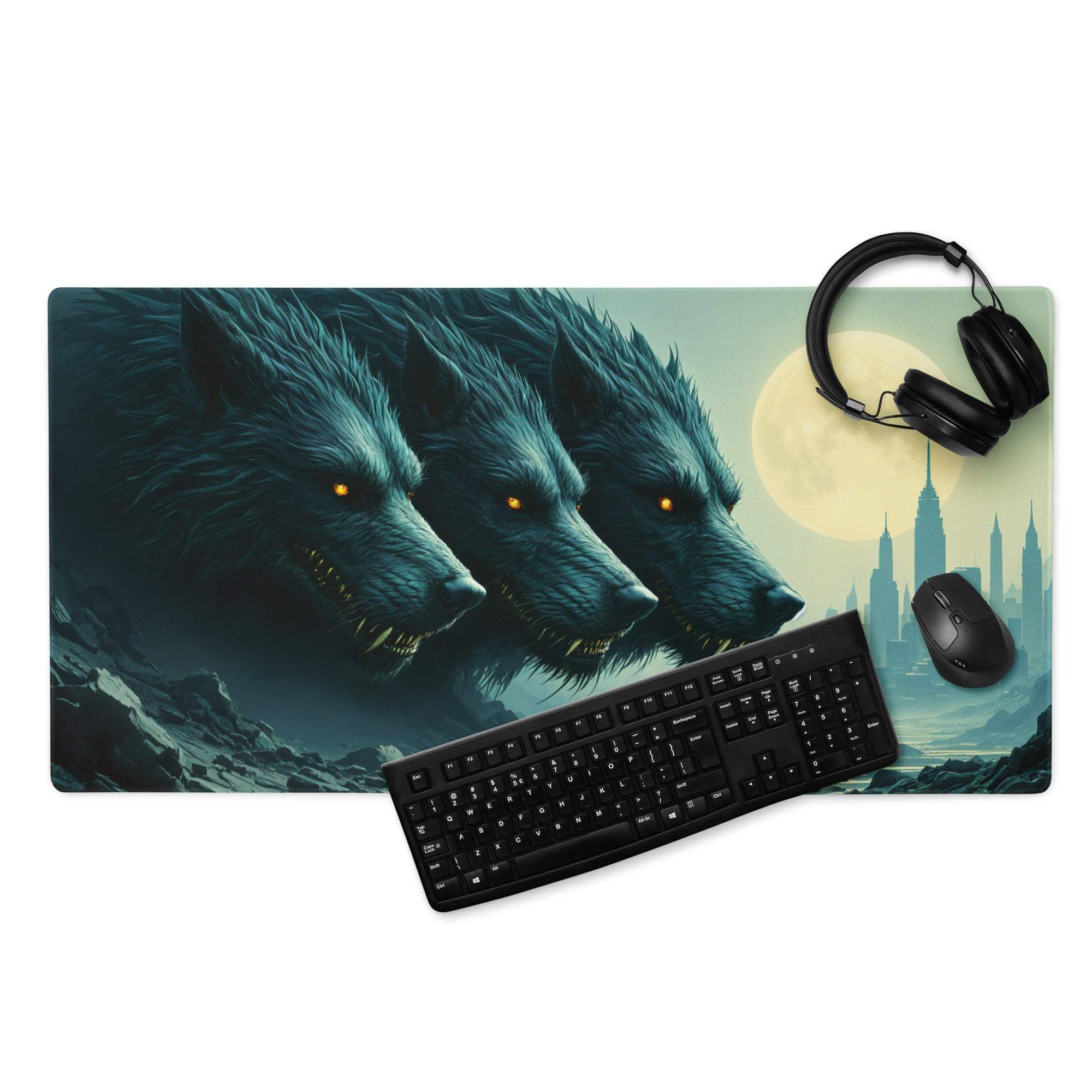 Epic fantasy wolf pack moonlit blues cityscape gaming mouse pad