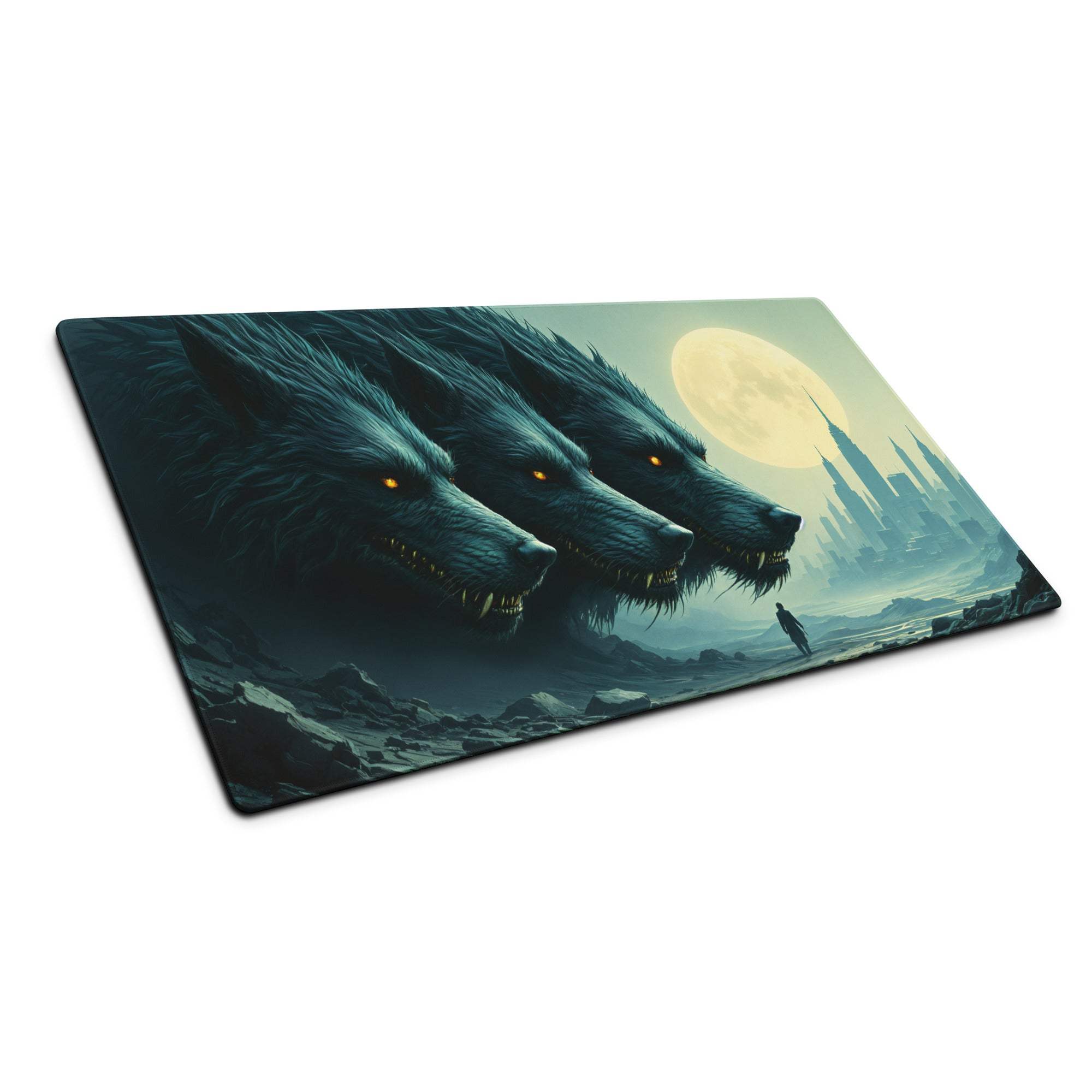 Dark blue wolf pack gaming mouse pad with glowing eyes moonlit landscape