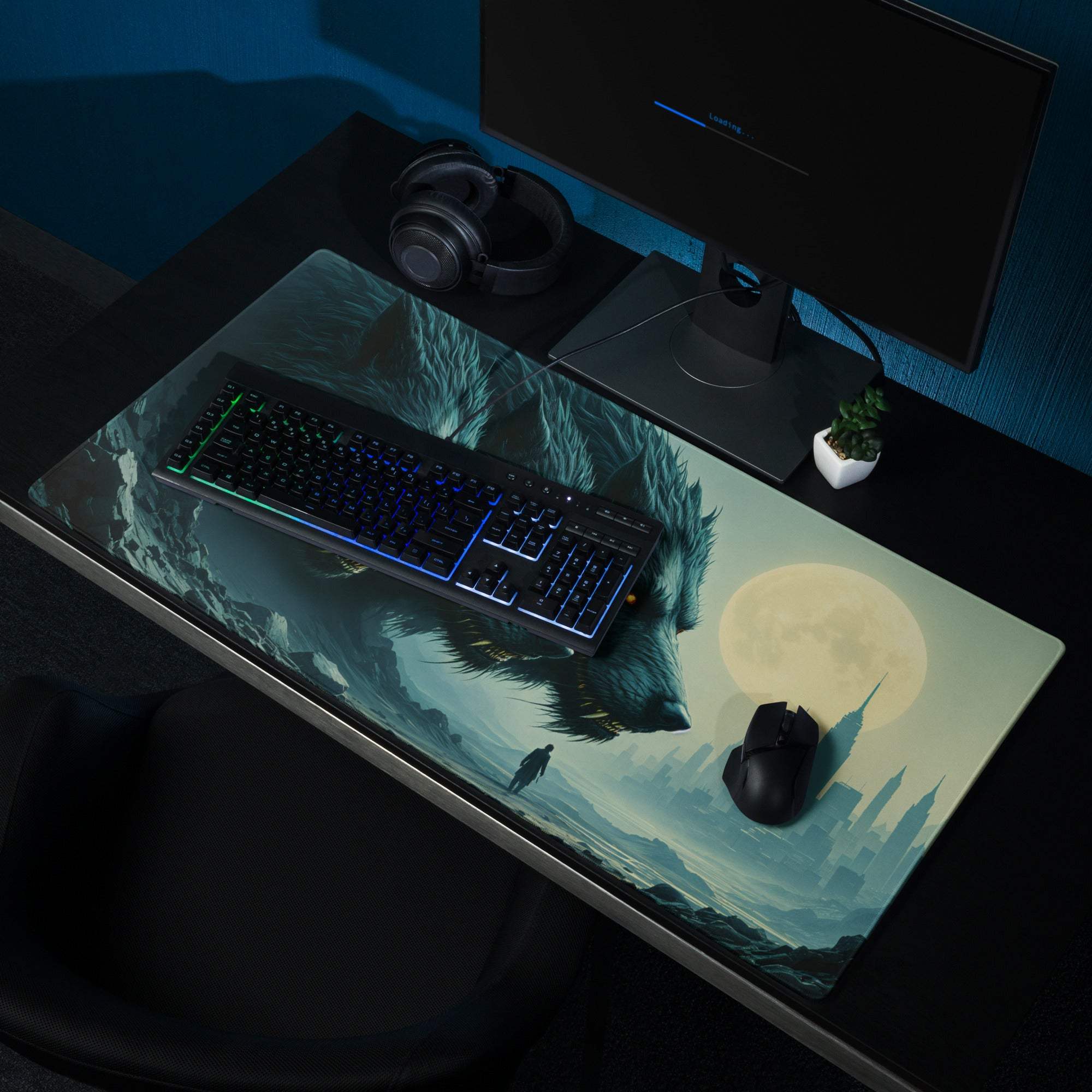 Epic fantasy wolf pack moonlit blues cityscape gaming mouse pad
