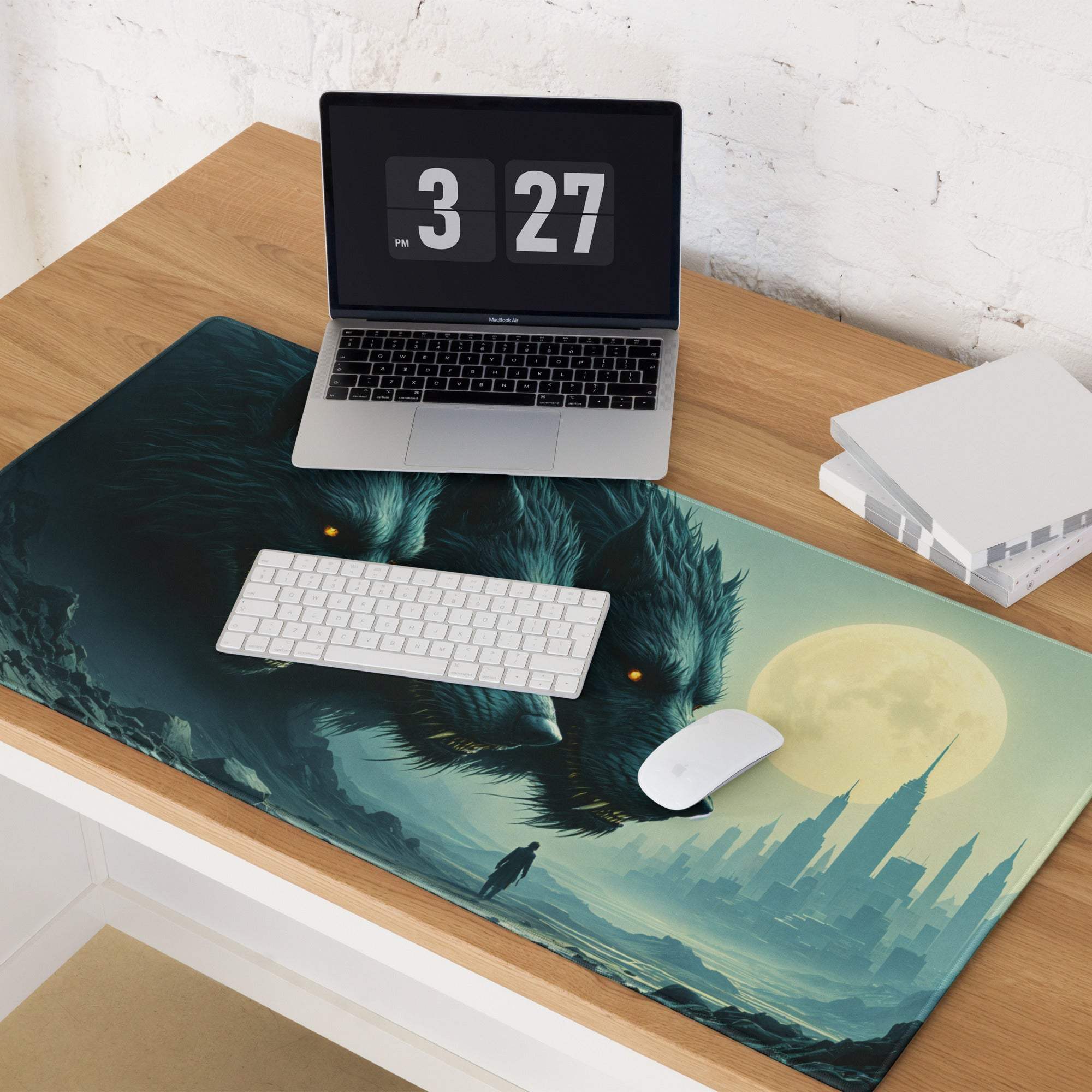 Teal werewolf with amber eyes on moonlit cityscape gaming mouse pad