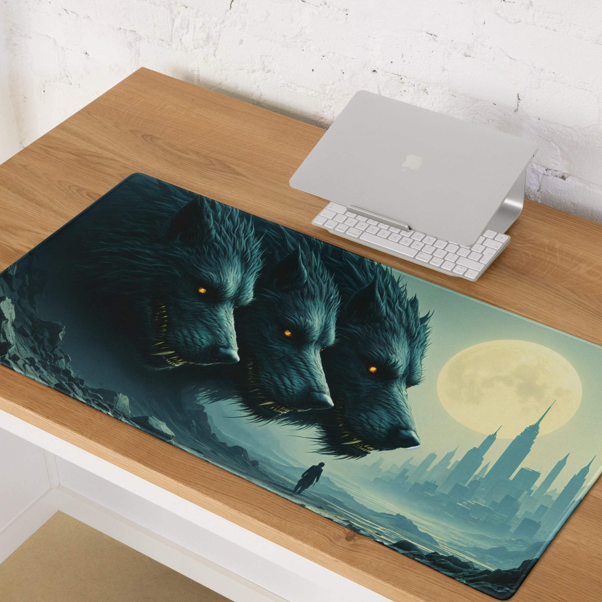 Epic fantasy wolf pack moonlit blues cityscape gaming mouse pad