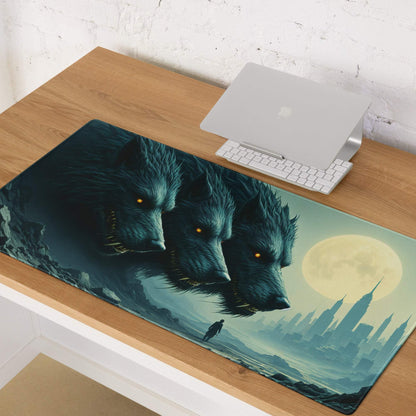 Epic fantasy wolf pack moonlit blues cityscape gaming mouse pad