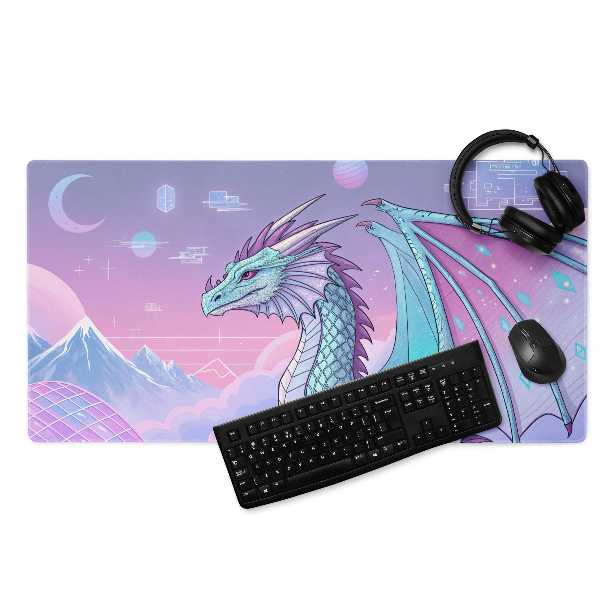 Pastel purple dragon gaming mouse pad with teal dragon, cosmic mountains, large non-slip stitched design