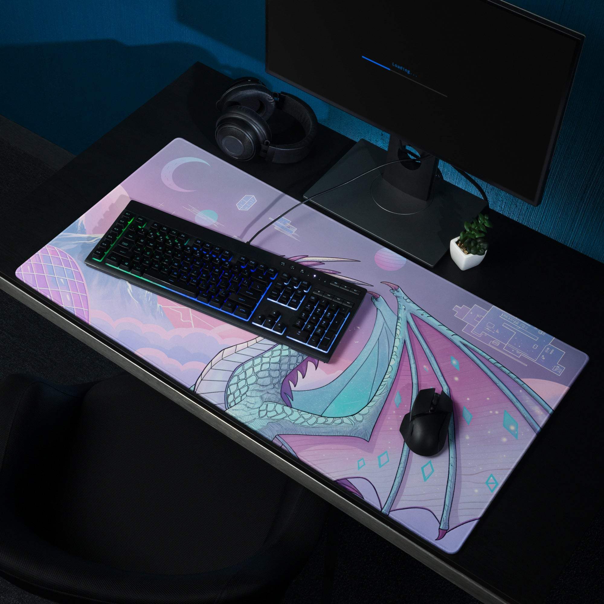 Pastel purple dragon gaming mouse pad with teal pink scales cosmic background