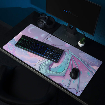 Pastel purple dragon gaming mouse pad with teal pink scales cosmic background