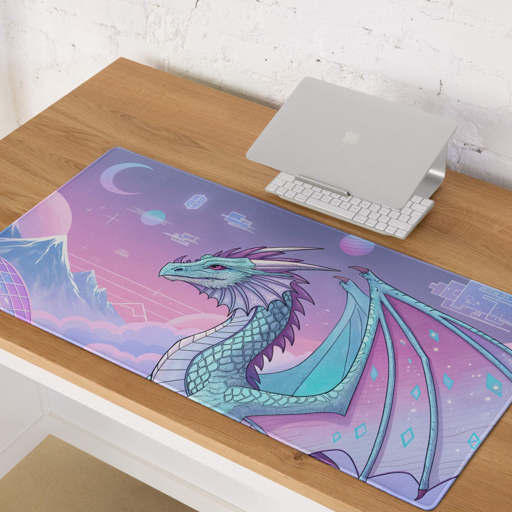 Pastel purple dragon gaming mouse pad with teal design, non-slip base, large size