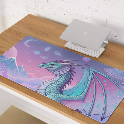 Pastel purple dragon gaming mouse pad with teal design, non-slip base, large size