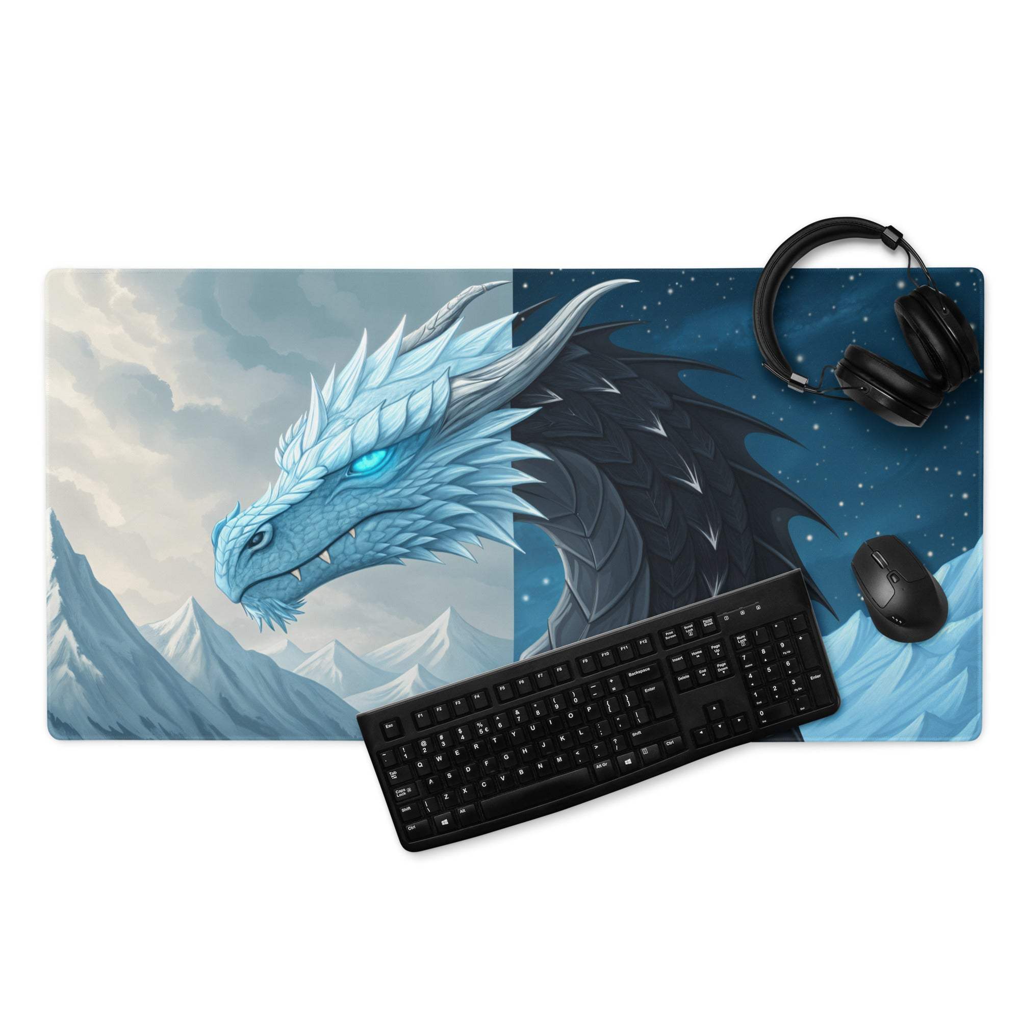 Epic Dragon Landscape Ice Blue Night Theme gaming mouse pad with icy and dark dragons