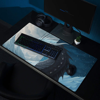 Epic Dragon Landscape Ice Blue Night large gaming mouse pad with dark dragon on icy mountains