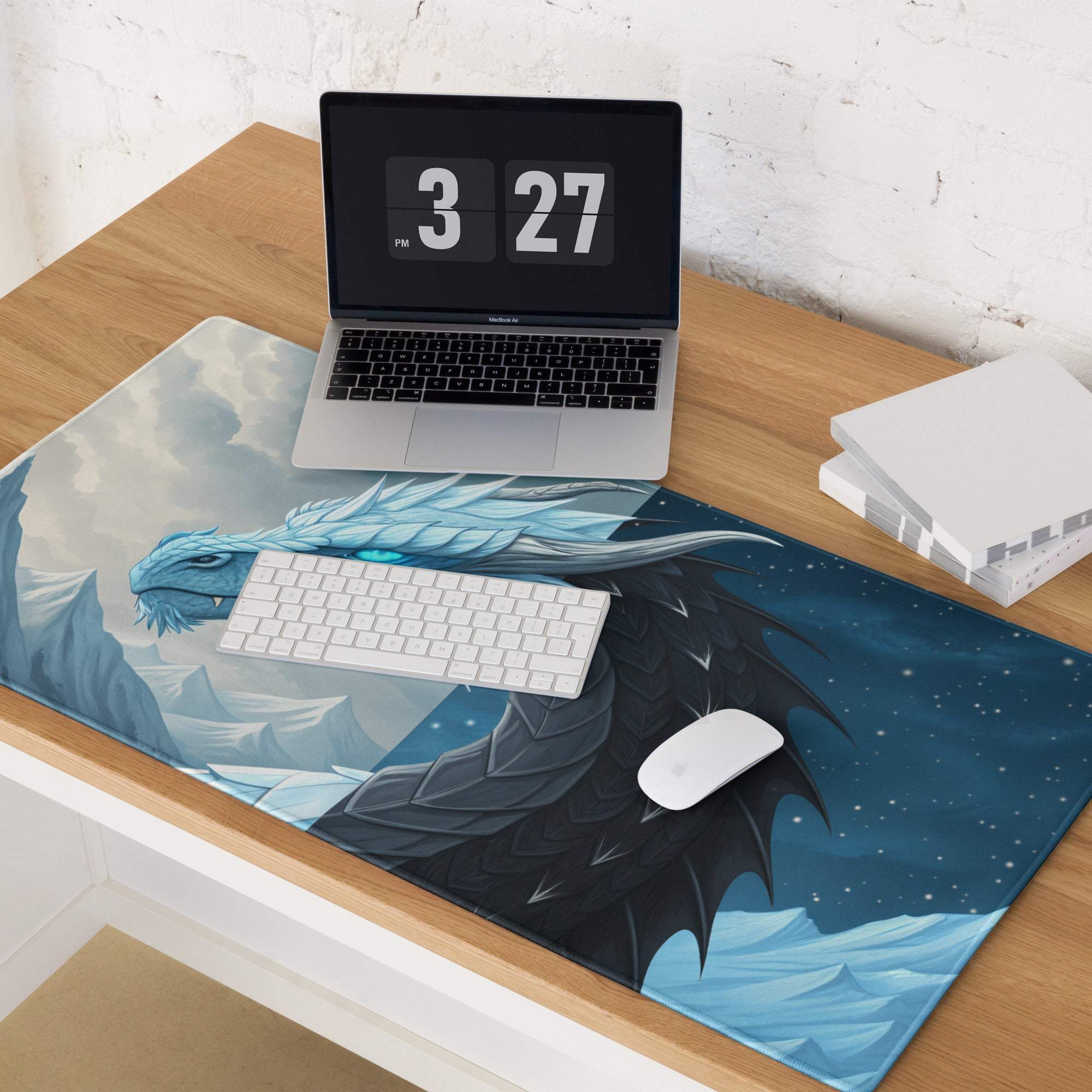 Epic Dragon Landscape Ice Blue Night gaming mouse pad with dragon design