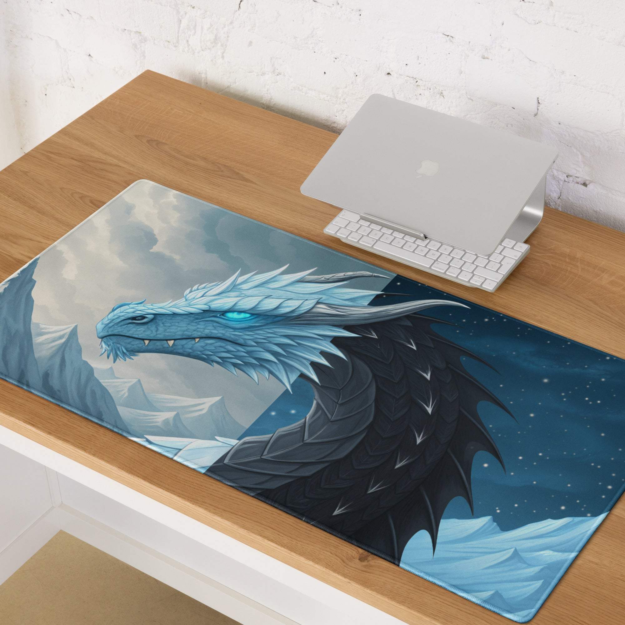 Epic Dragon Landscape Ice Blue Night gaming mouse pad with blue black dragon on snowy mountains