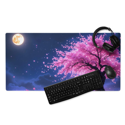 Vibrant night sky cherry blossom large gaming mouse pad with non-slip base