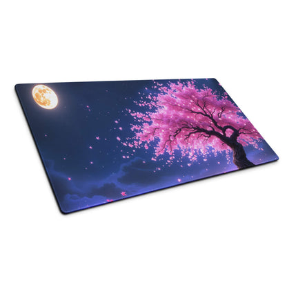 Vibrant pink cherry blossom tree under full moon on large gaming mouse pad