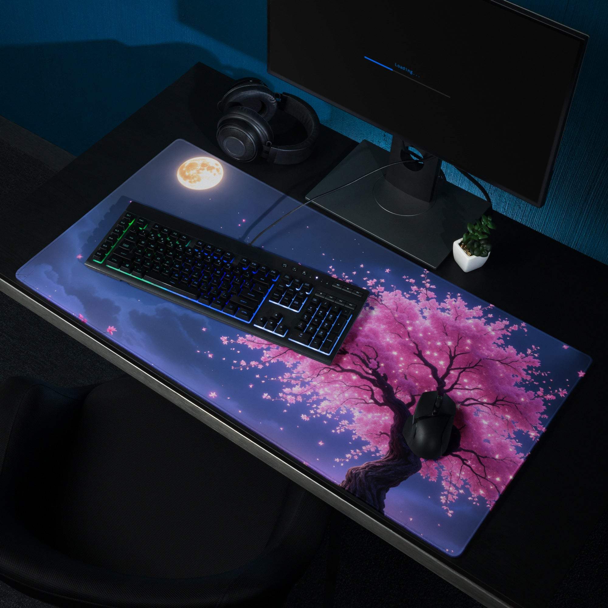 Vibrant pink cherry blossom gaming mouse pad with night sky, large non-slip