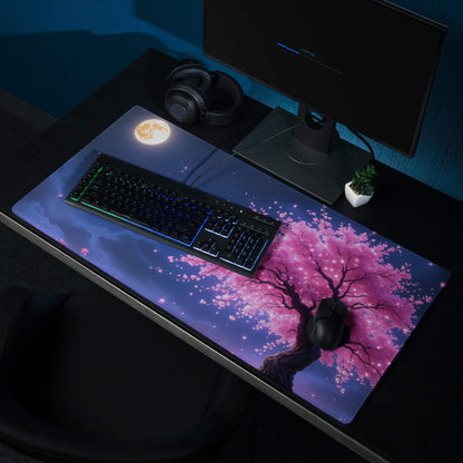Vibrant pink cherry blossom gaming mouse pad with night sky, large non-slip
