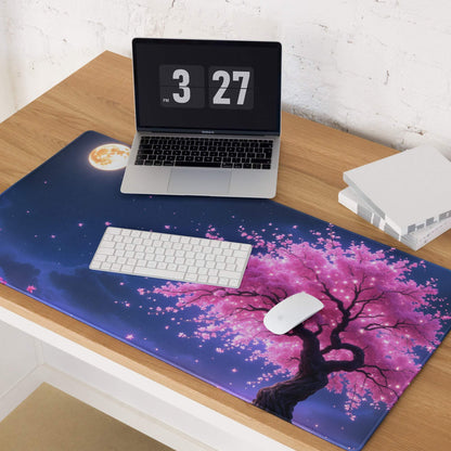 Vibrant pink cherry blossom on large gaming mouse pad with night sky blue gradient