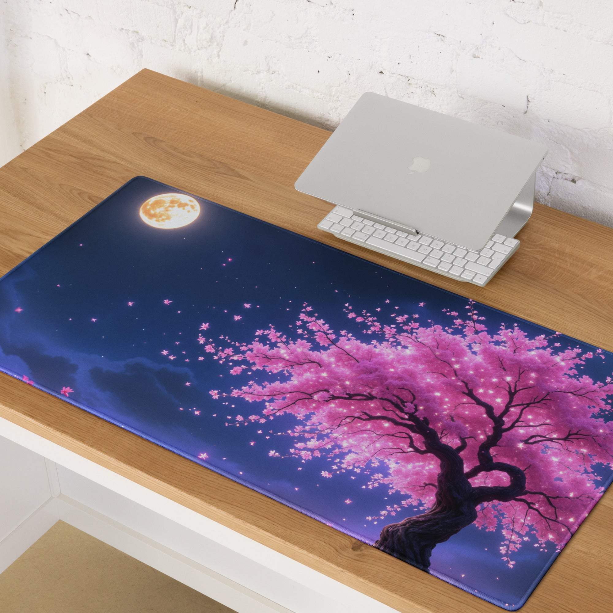 Vibrant pink cherry blossom gaming mouse pad with night sky, large non-slip stitched