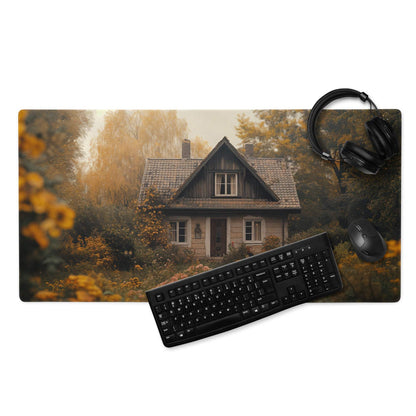 Cozy Autumn Cottage Garden large gaming mousepad with keyboard and mouse