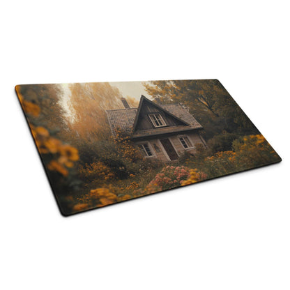 Cozy autumn cottage garden scene on large rectangular gaming mouse pad