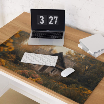 Cozy Autumn Cottage large gaming mouse pad with fall foliage house print