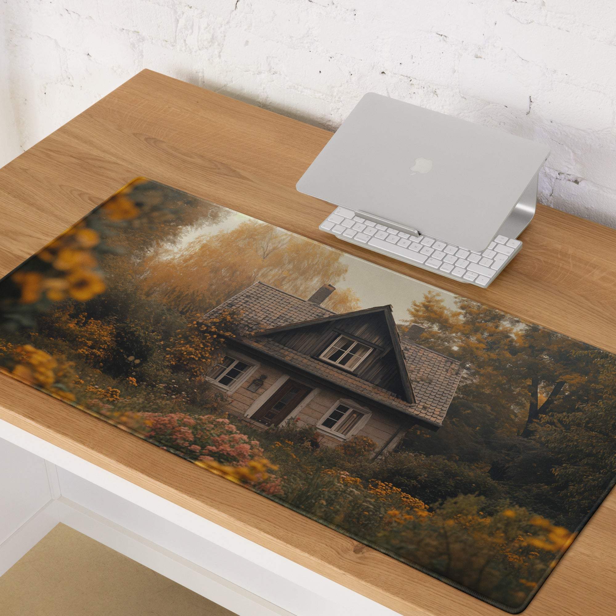 Cozy autumn cottage garden scene large gaming mouse pad, sepia rustic house