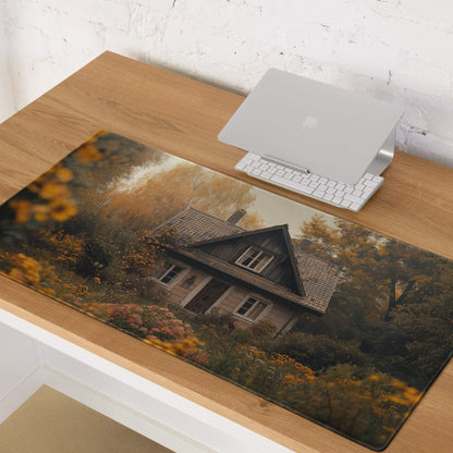 Cozy autumn cottage garden scene large gaming mouse pad, sepia rustic house