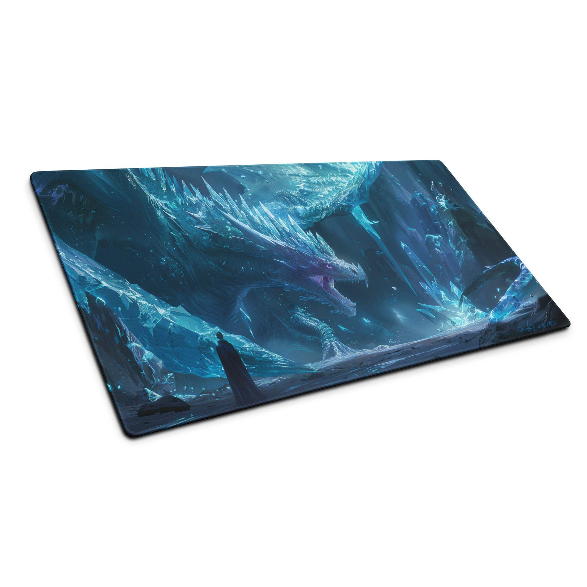 Epic Ice Dragon blue teal fantasy gaming mousepad glossy finish
