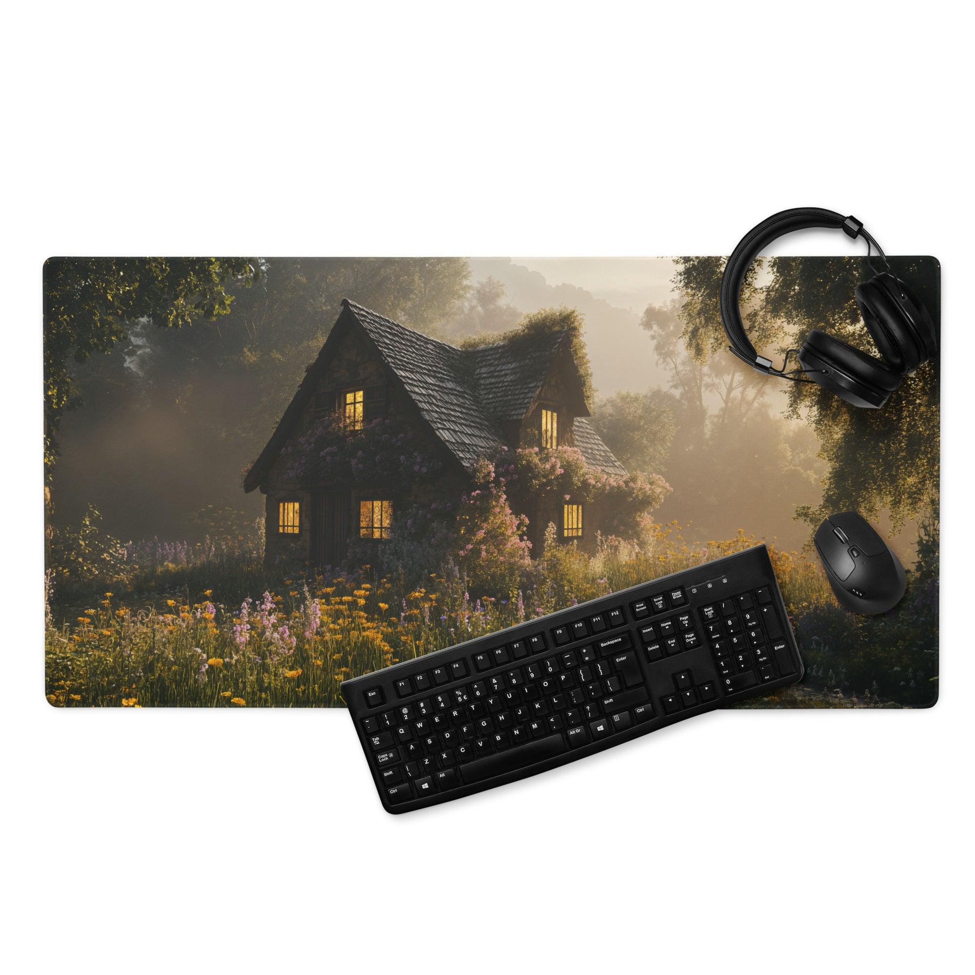 Dreamy cottage garden gaming mouse pad with golden hour glow